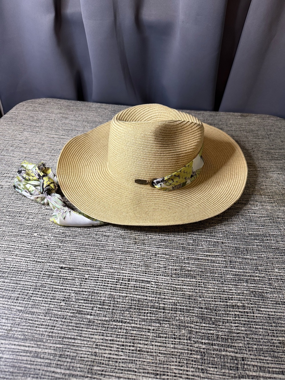 Caribbean Joe Beige Wide-Brim Straw Sun Hat with Floral Scarf With Pineapples